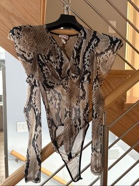 Maeve Sheer Snake-Print Long-Sleeve Bodysuit in Brown and Black